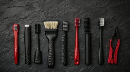 A collection of assorted hair styling tools including brushes and combs neatly arranged on a dark textured surface, perfect for personal grooming needs.の素材