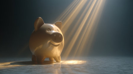 This image features a ceramic piggy bank illuminated by soft beams of light, symbolizing savings and financial growth in a minimalist setting. Perfect for finance themes.の素材