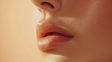 Stunning close-up of glossy lips showcasing soft skin and natural shine. The image highlights beauty and elegance, perfect for skincare and makeup themes.の素材