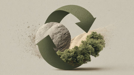 This image illustrates the concept of sustainability through circular economy with green arrows, soil textures, and flourishing vegetation creating an impactful visual narrative.の素材
