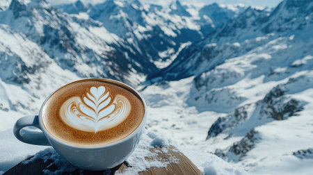 A cozy cup of coffee with intricate latte art sits on a wooden table, surrounded by stunning snowy mountains. The scene captures the essence of winter serenity.の素材