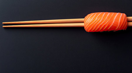 Bright and appealing salmon sushi piece displayed with wooden chopsticks on a sleek black background, perfect for food photography and culinary inspiration.の素材