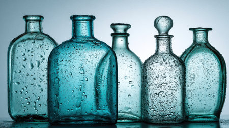 A stunning display of vintage glass bottles with varying shapes, adorned with water droplets, set against a reflective surface that enhances their aesthetic appeal.の素材