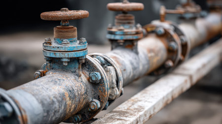 This image features a close-up of a rusty industrial pipe with valves and connectors, highlighting the weathered metal textures and the impact of time on machinery in a factory setting.の素材