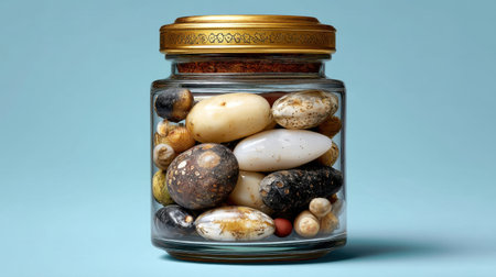 A beautifully curated glass jar filled with an assortment of unique stones and minerals, displaying their natural textures against a calming blue backdrop.の素材
