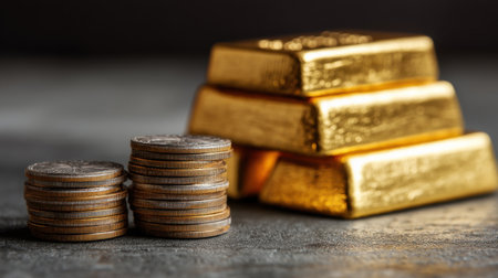 A visually striking arrangement of gold bars alongside neatly stacked coins, representing the essence of wealth and investment in finance, captured in soft lighting.の素材