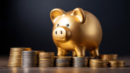 A golden piggy bank sits proudly among stacks of shiny coins, symbolizing the importance of saving and financial planning for cultivating wealth and future opportunities.の素材