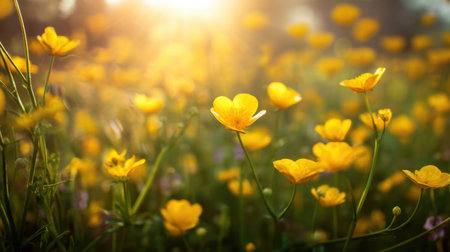 A breathtaking field filled with bright yellow buttercups under a warm sun, creating a serene atmosphere perfect for capturing the essence of nature in bloom.の素材