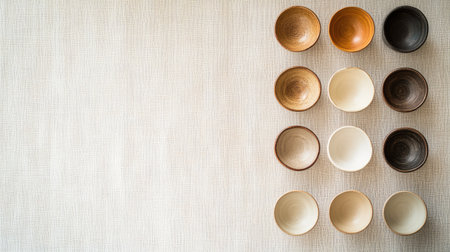 Collection of assorted wooden bowls in various colors, arranged thoughtfully on a neutral background. Ideal for enhancing kitchen aesthetics and food presentations.の素材