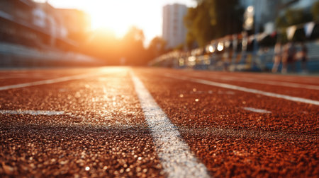 A vibrant sunset casts warm hues over a running track, highlighting its textured surface. Perfect for themes of athletics, motivation, and an active lifestyle.の素材