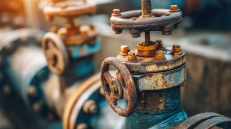 Captivating close-up of rusty valves and pipes, illustrating the effects of time and weathering. Perfect for industrial-themed projects showcasing engineering and maintenance.の素材