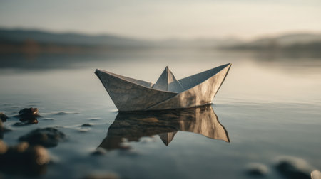 A serene origami boat drifts gently on calm waters, reflecting soft morning light. This tranquil image captures the beauty of nature and creativity in stillness.の素材