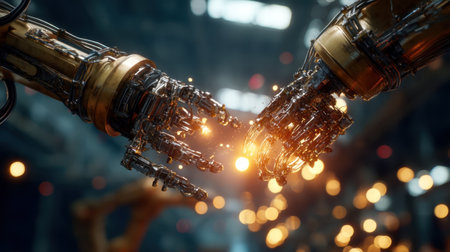 Two advanced robotic hands appear to reach toward each other, creating a compelling connection filled with energy in a detailed, futuristic environment.の素材