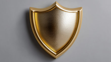 This elegant golden shield against a gray background symbolizes protection and security, perfect for use in logos, branding, or artistic projects needing a standout element.の素材
