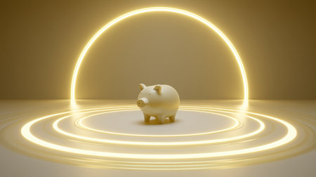 A minimalist piggy bank stands against a smooth surface, illuminated by glowing circular light rays that symbolize financial growth and saving strategies.の素材