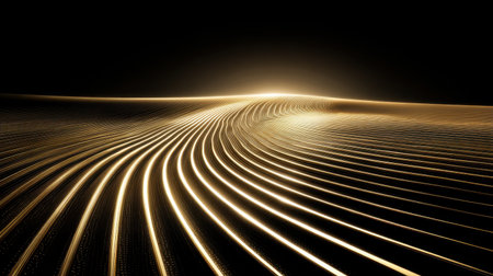 This stunning abstract image captures golden waves of light gracefully flowing across a dark surface, creating an illusion of depth and movement, perfect for modern design themes.の素材