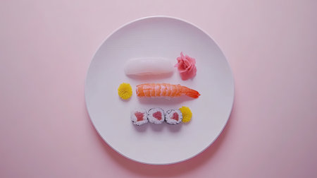 A beautifully arranged plate featuring fresh sushi including shrimp, fish, and pickled ginger. Perfect for culinary presentations and food photography.の素材