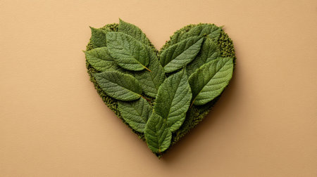 This image features a heart shaped arrangement of fresh green leaves and soft moss on a beige background, ideal for eco-friendly and nature-themed projects.の素材