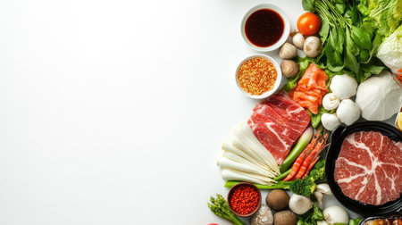 Discover a vibrant arrangement of fresh meat and vegetables perfect for culinary creations. This image captures the essence of healthy cooking with colorful ingredients.の素材