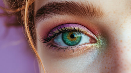 A mesmerizing close-up of an eye showcasing vibrant and colorful makeup. The intricate detail highlights the green iris, artistic eyeshadow, and natural freckles, creating a stunning beauty shot.の素材