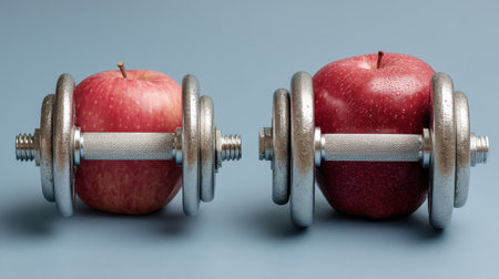 This creative image features red apples designed as dumbbells, representing the essential balance between nutrition and fitness in a healthy lifestyle.の素材