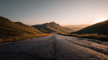 A captivating view of an empty road stretching through lush hills under a soft sunset glow, reflecting tranquility and inviting exploration in nature's grandeur.の素材