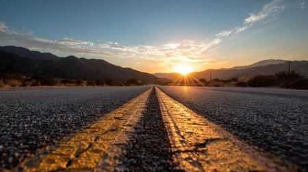 Serene view of a deserted road stretching into the distance, framed by majestic mountains and a vibrant sunrise illuminating the landscape in warm tones.の素材