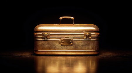 An exquisite vintage gold suitcase sits on a reflective surface, beautifully illuminated to highlight its textures and details, ideal for luxury-themed visuals.の素材
