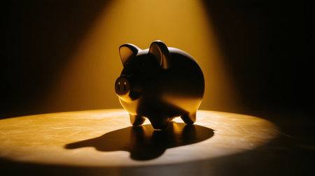 This image features a stylish black piggy bank under warm golden light, representing modern concepts of savings and financial growth in a sophisticated manner.の素材