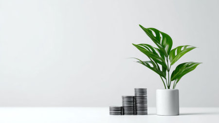 A sleek composition featuring stacked coins next to a lush green plant in a modern pot, representing the harmony between financial growth and sustainable living.の素材