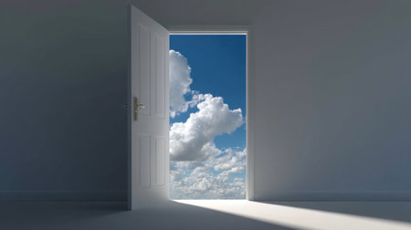 An open door reveals a stunning blue sky filled with fluffy clouds, symbolizing freedom and new possibilities in a serene minimalist interior setting.の素材