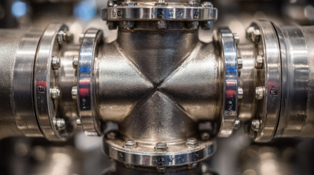 This image features a detailed close-up of a silver industrial pipe fitting. The precision engineering highlights the metal flanges and bolts designed for optimal performance and reliability.の素材