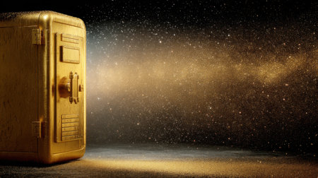 A stunning golden safe stands open, releasing a cascade of glittering particles into a dark, mysterious atmosphere, representing wealth and hidden treasures.の素材
