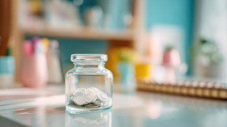 A clear glass jar filled with coins sits on a bright workspace, illustrating concepts of savings and budgeting in a vibrant and organized environment.の素材
