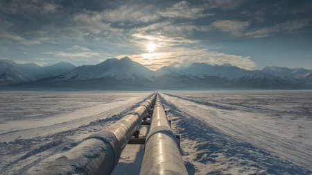A stunning view of a long pipeline winding through a snowy landscape, framed by majestic mountains and a beautiful winter sun, showcasing nature and industry.の素材
