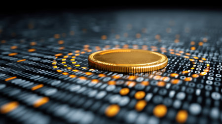 A solitary gold coin rests on a digitally rendered surface filled with binary code, symbolizing the intersection of currency and technology in contemporary finance.の素材