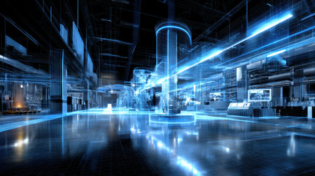 Explore a futuristic manufacturing facility featuring advanced technology, dynamic blue light effects, and a modern design, depicting innovation in automation and robotics.の素材
