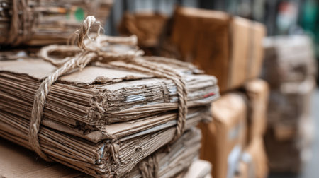 A close-up view of stacked cardboard packages and worn bundles of papers, tied with twine, highlighting the textures and details in an urban shipping environment.の素材