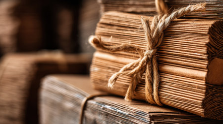 A captivating close-up image of neatly bundled paper stacks tied with twine, highlighting a rustic aesthetic perfect for artistic design projects and creative endeavors.の素材