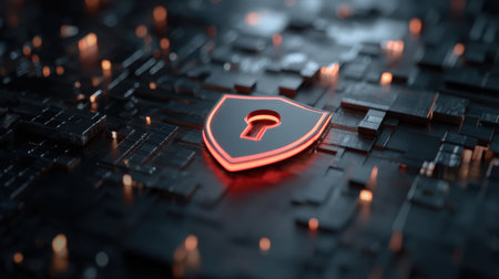 Futuristic shield icon featuring a keyhole displayed on a digital circuit background, symbolizing cybersecurity, data protection, and modern technology in vibrant colors.の素材
