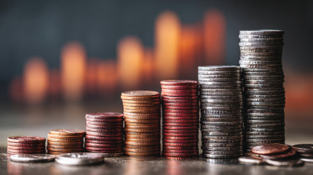A visually captivating arrangement of coins stacked in various heights, symbolizing growth and prosperity. The blurred background adds depth to the financial narrative.の素材