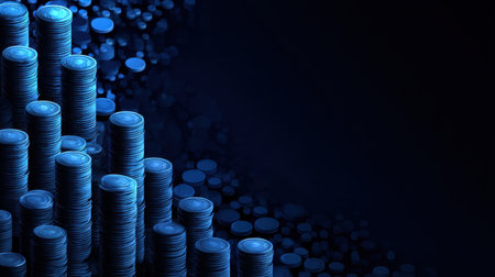 This image illustrates an abstract concept of financial success, showcasing blue coins stacked in columns against a dark background, symbolizing growth and investment.の素材