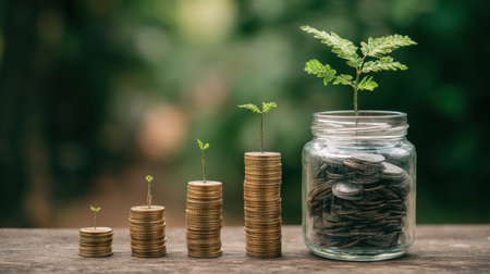 A captivating image showcasing the gradual growth of investments represented by stacked coins and vibrant seedlings in a glass jar, symbolizing financial success and sustainable practices.の素材