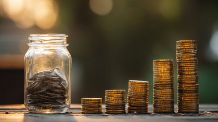 A compelling image of rising stacks of coins next to a jar full of coins, symbolizing financial growth, savings strategies, and economic potential in a soft-lit setting.の素材