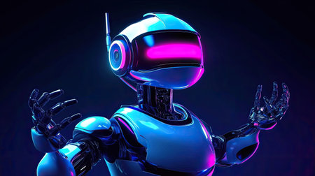 This vibrant image features a futuristic robot with neon accents, showcasing a dynamic pose. Ideal for themes of technology, innovation, and creativity.の素材