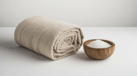 A soft beige towel is neatly rolled next to a wooden bowl filled with bath salts, creating a serene and inviting atmosphere for relaxation and self-care.の素材