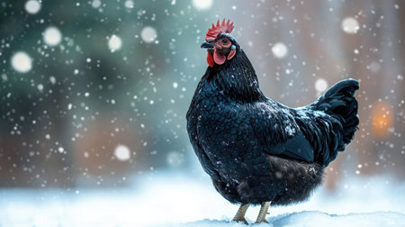 A striking black chicken stands gracefully in the softly falling snow, showcasing its glossy feathers against a chilly winter backdrop. The scene exudes tranquility.の素材