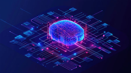 This image features a futuristic digital brain design, set against a dark background. The vibrant colors and circuit patterns highlight advanced technology and innovation.の素材