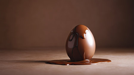 A tantalizing chocolate egg sits atop a smooth surface, with rich chocolate melting and pooling around it. Perfect for dessert lovers and food enthusiasts.の素材