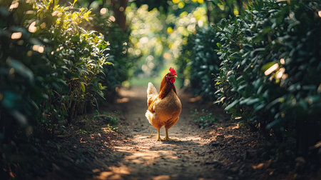 A serene scene of a chicken walking along a dirt path surrounded by lush green plants. The soft sunlight filters through, creating a tranquil atmosphere perfect for showcasing rural life.の素材